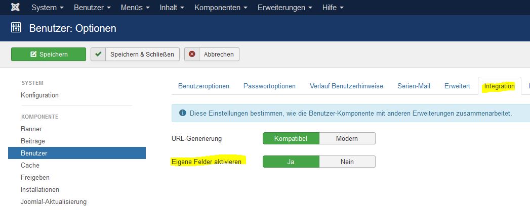 Joomla Benutzer eigene Felder aktivieren